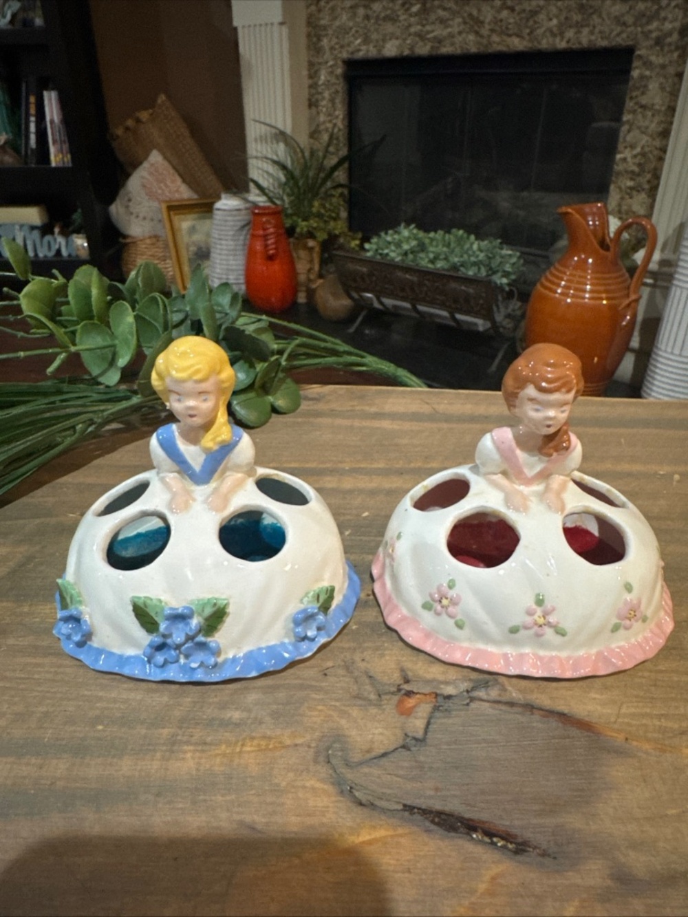 Set Of 2 Vintage Hand Painted Ceramic Girl Lipstick Holders. 3.5” W x 3”T
